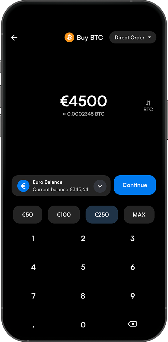 Buy BTC amount screen with quick-select values and euro balance
