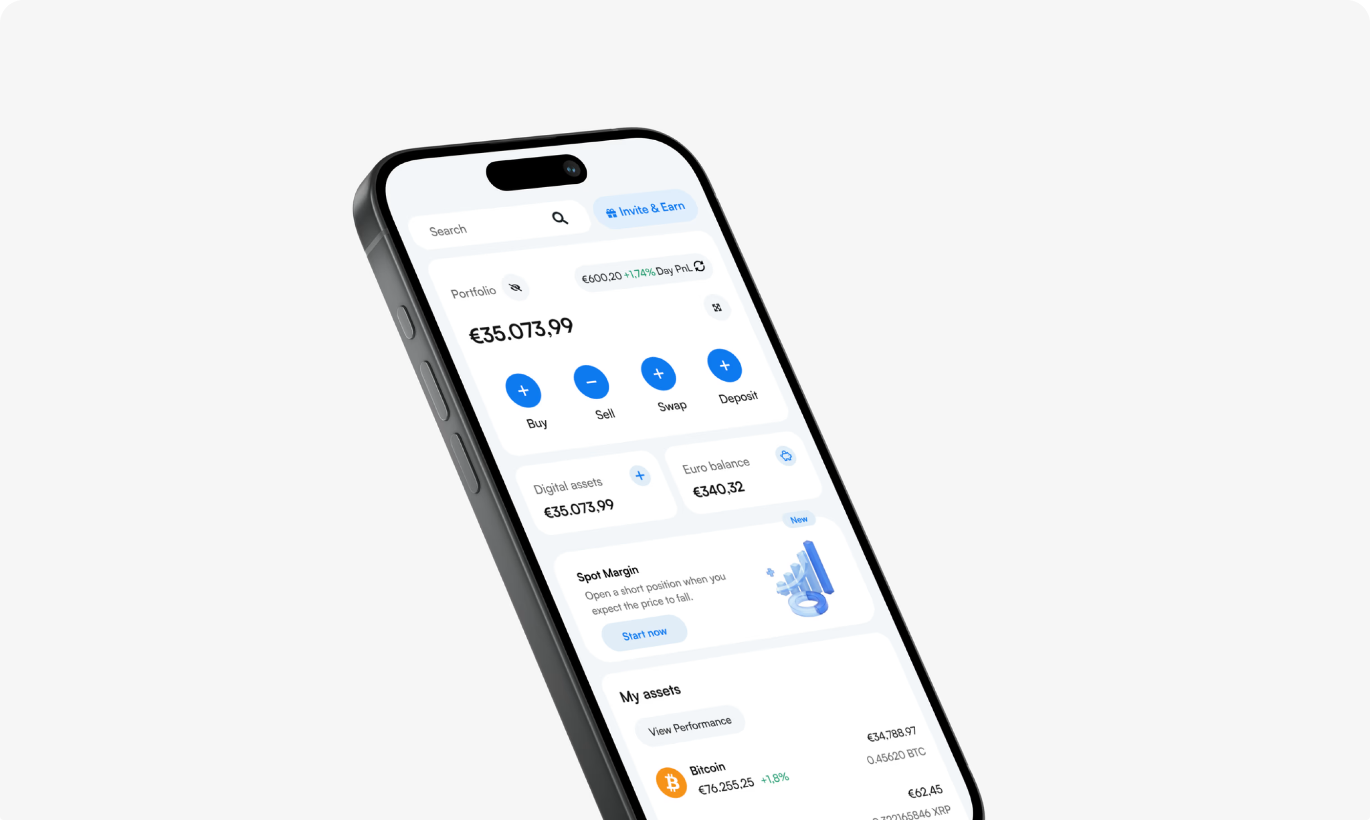 Coinmerce home screen in the new visual direction: a bento layout of balances, allocation and assets