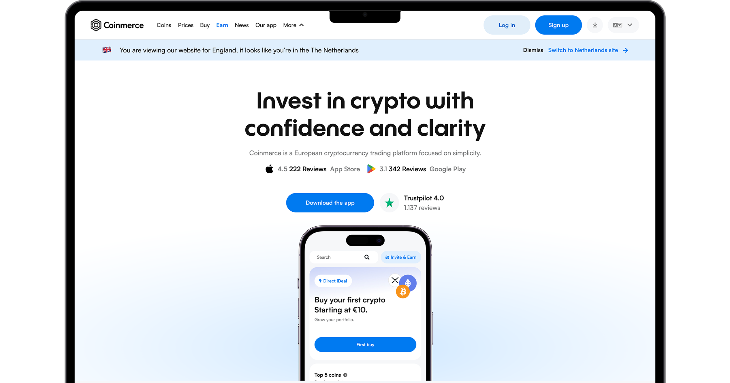 Redesigned Coinmerce homepage on a laptop: Invest in crypto with confidence and clarity